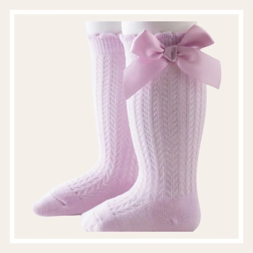 Baby Girl Purple Knit Knee High Socks Vintage Style Holiday Kids Bow Accessory